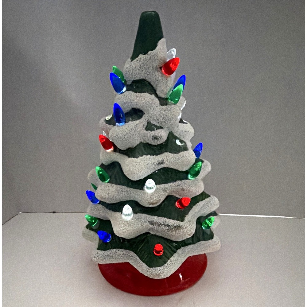 Vintage Style Flocked Ceramic Christmas Tree Light Up Tabletop Decor Green Red